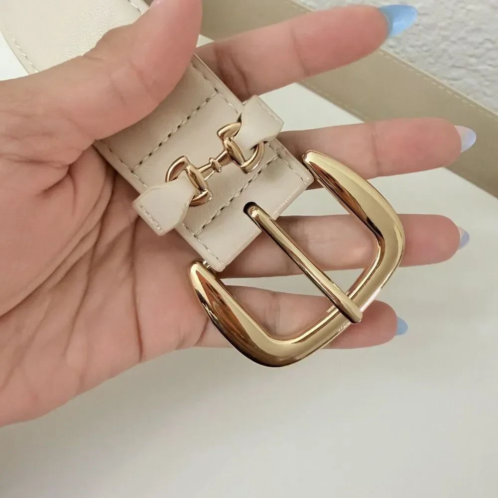 Vince Camuto Belt Women L Beige Faux Leather Gold Buckle Wide Waist Belt